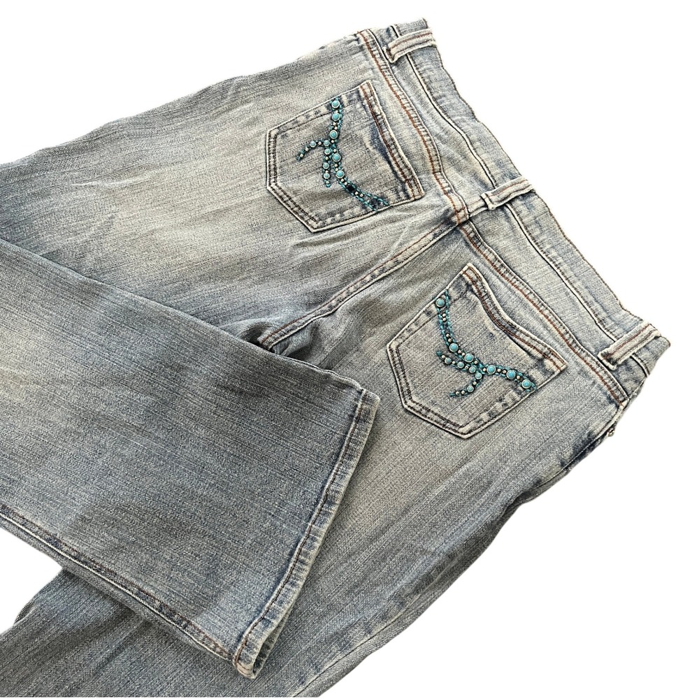 SO Stretch Real So Right Flare Jeans Light‎ Wash Turquoise Beaded Women 11 Y2K